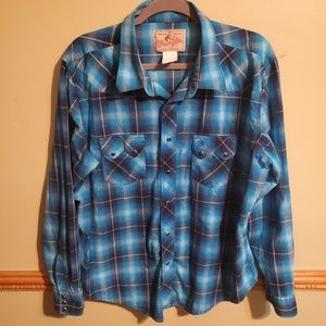 WRANGLER vtg RODEO WEAR MARBLE SNAP BLUE LG